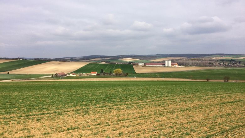 Krajina s poli a farmou v dálce.