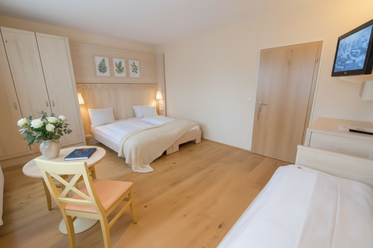 Světlý hotelový pokoj se dvěma postelemi, stolem a židlí a televizí na stěně.