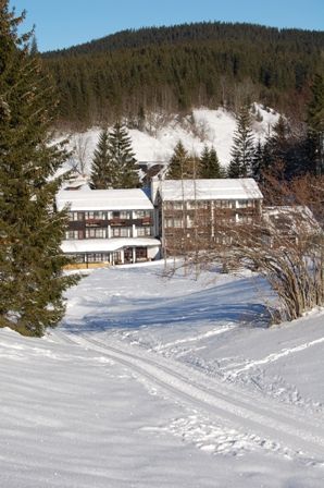 Zasněžený hotel v horské krajině s jedlemi.