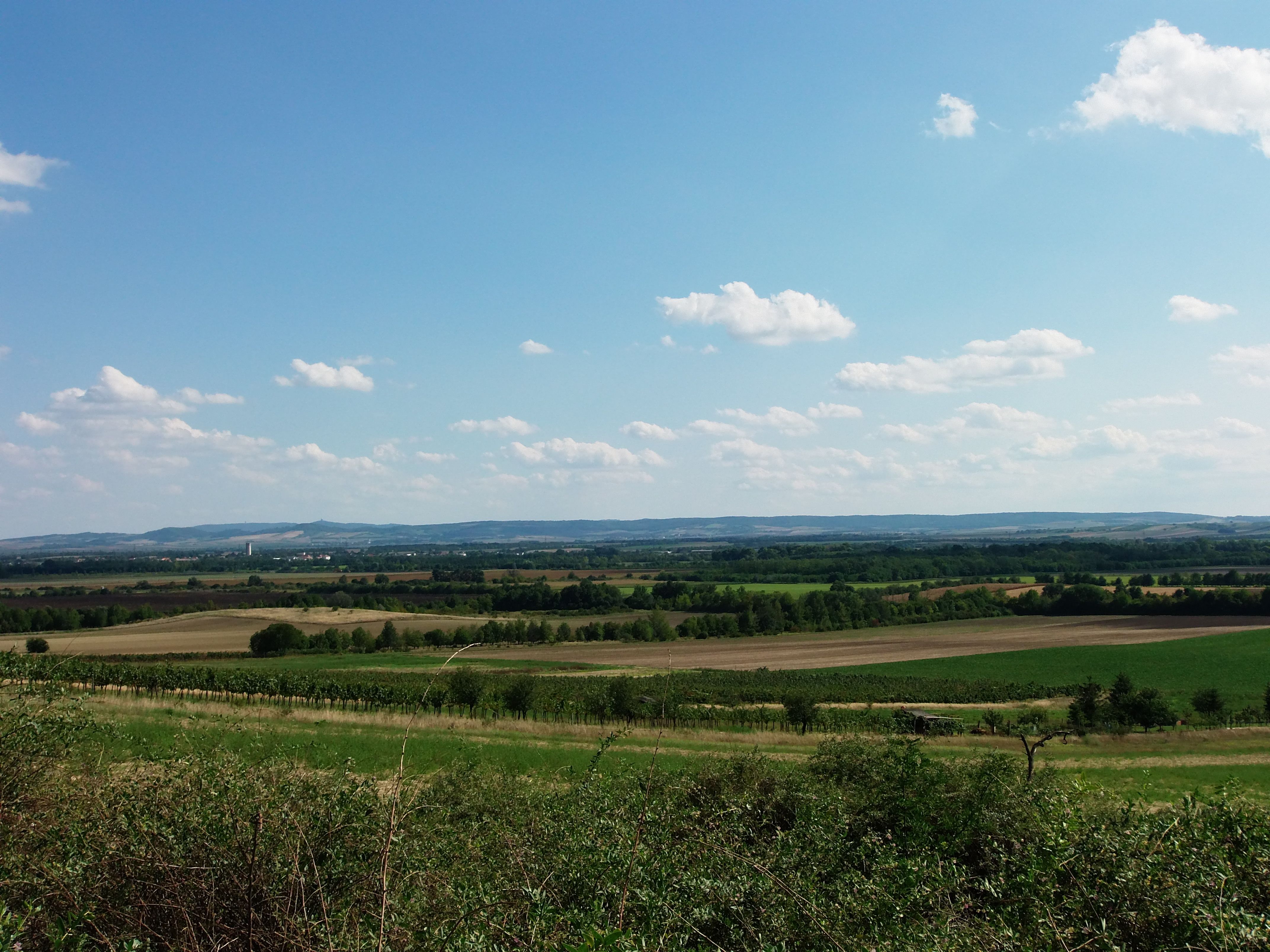 Široká krajina s poli a kopci pod modrou oblohou s mraky.