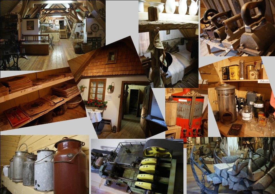 Koláž předmětů z místního historického muzea, včetně starých předmětů z domácnosti, nářadí a nábytku.