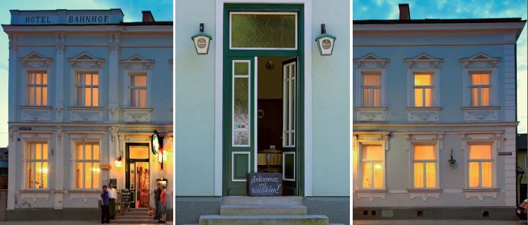 Třídílný obrázek historické budovy s nápisem "Hotel Bahnhof".