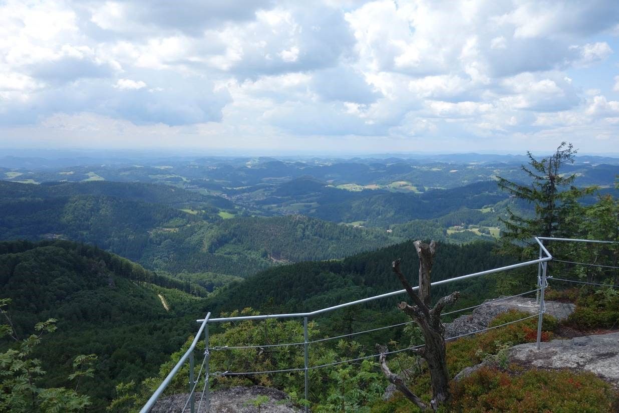 Pohled z kamenné hradní zdi na zalesněné kopce a údolí pod zataženou oblohou.