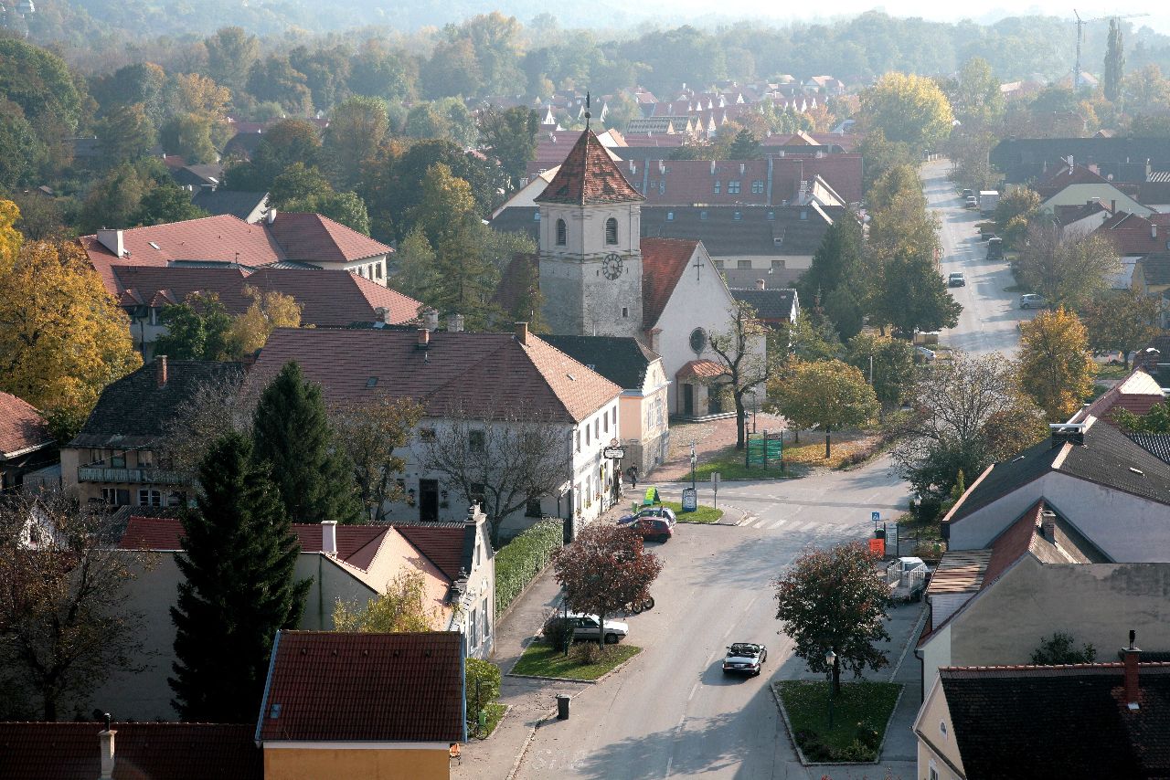 Letecký pohled na vesnici s kostelem a stromy.