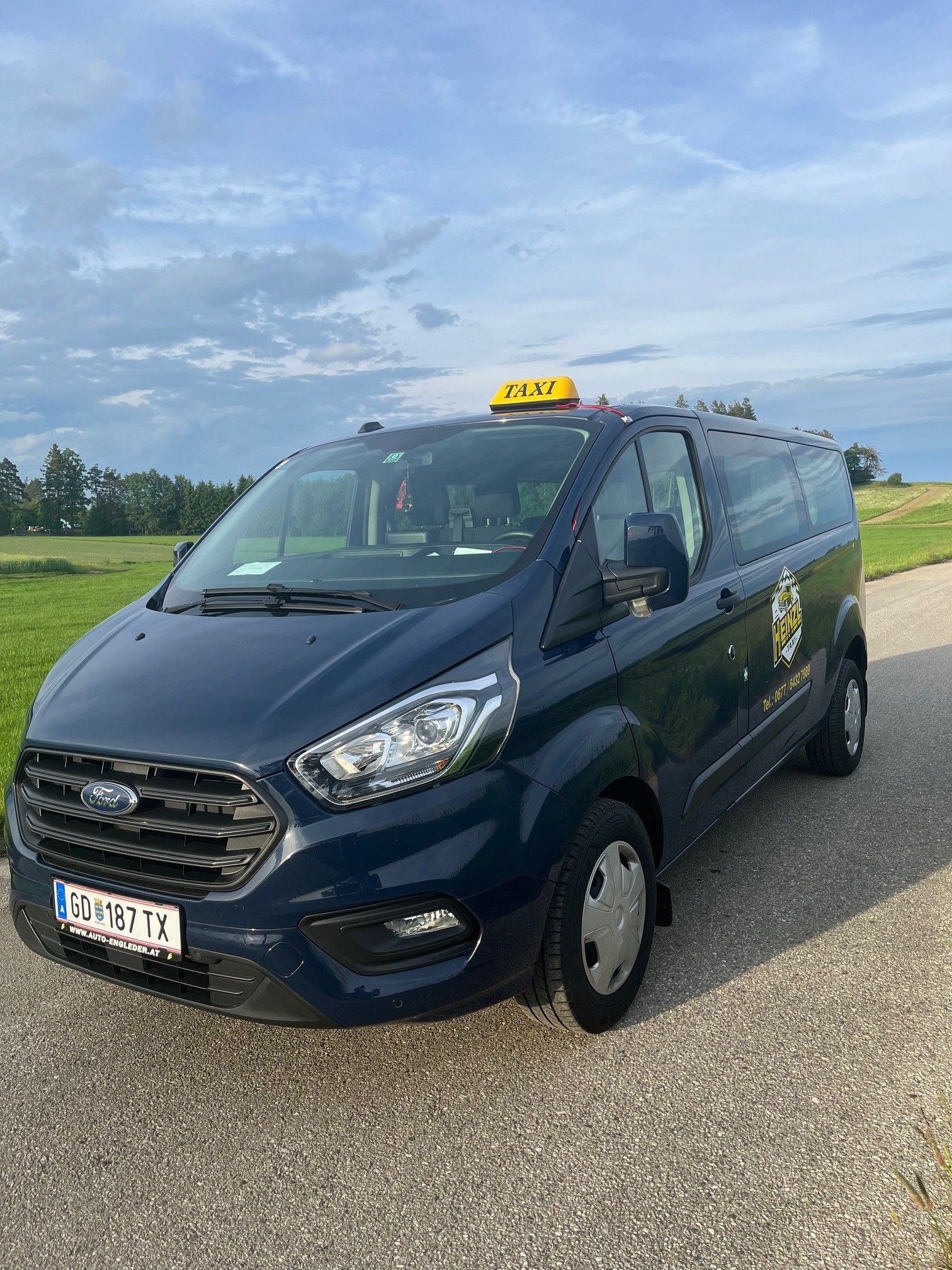 Na venkovské silnici před zelenou loukou a zataženou oblohou stojí modrý taxík Ford.