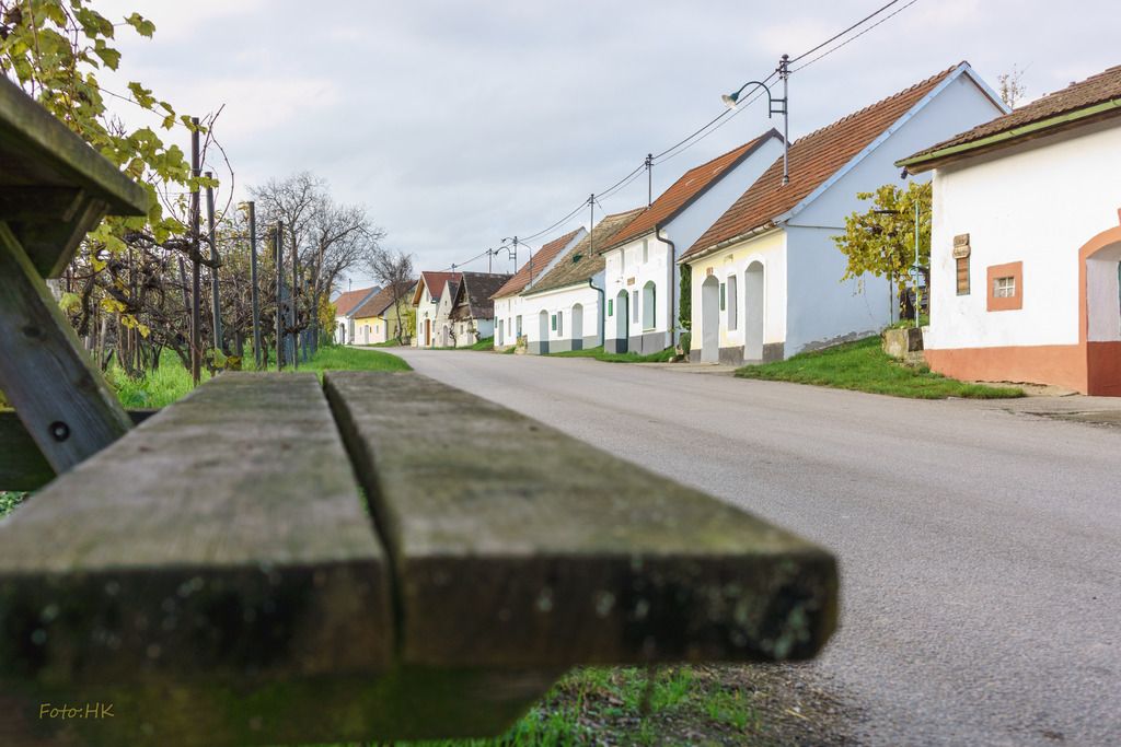 Sklepní uličky v Niederschleinz s vinnými sklepy a lavičkou v popředí.