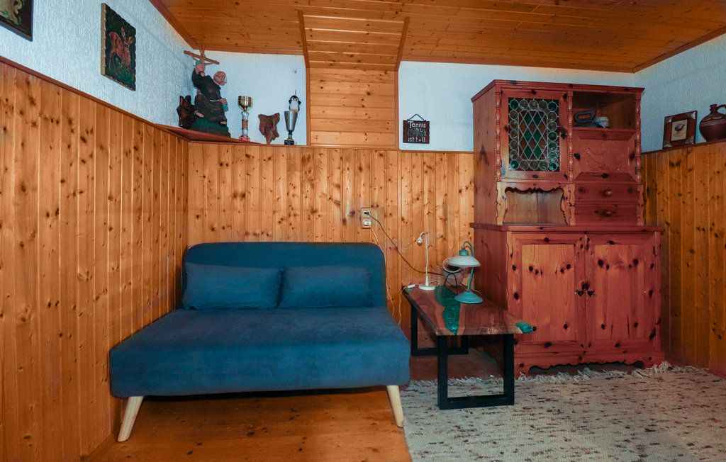 Útulný pokoj s dřevěnými stěnami, modrou pohovkou, dřevěným stolem a rustikální skříní.