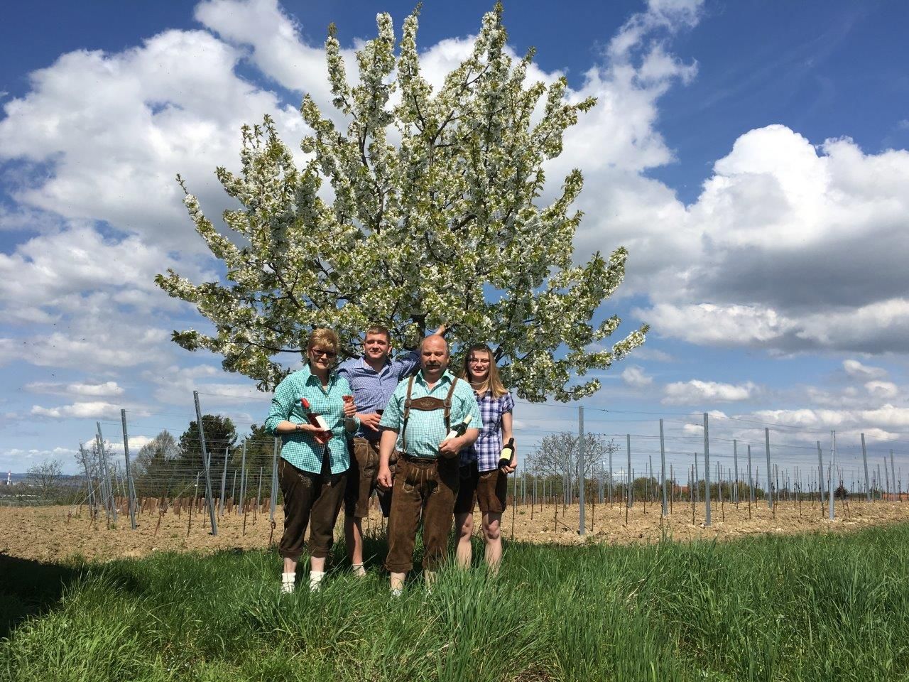 Čtyři lidé stojí před rozkvetlým stromem na poli.