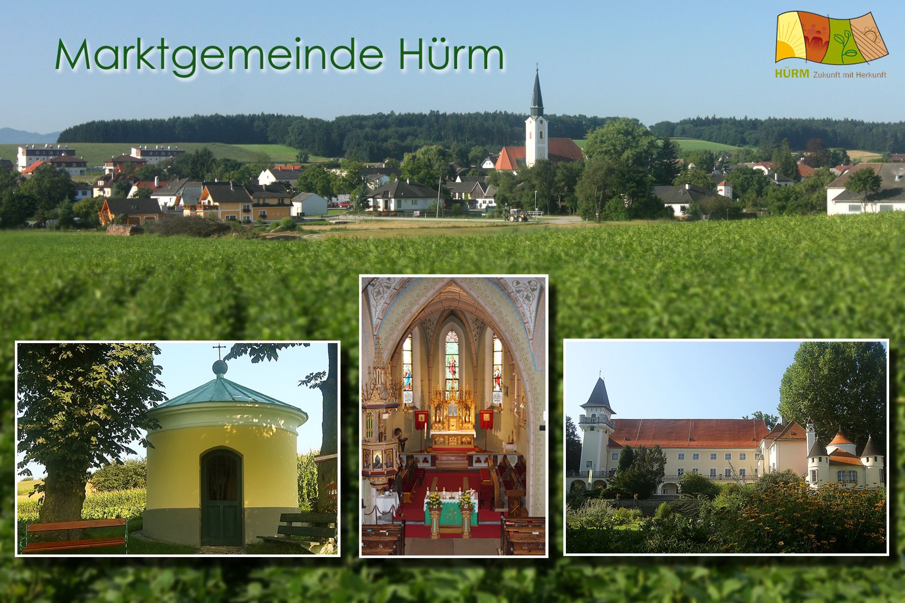 Panorama tržního města Hürm s kostelem a krajinou, včetně tří detailních snímků kaple, interiéru kostela a hradu.
