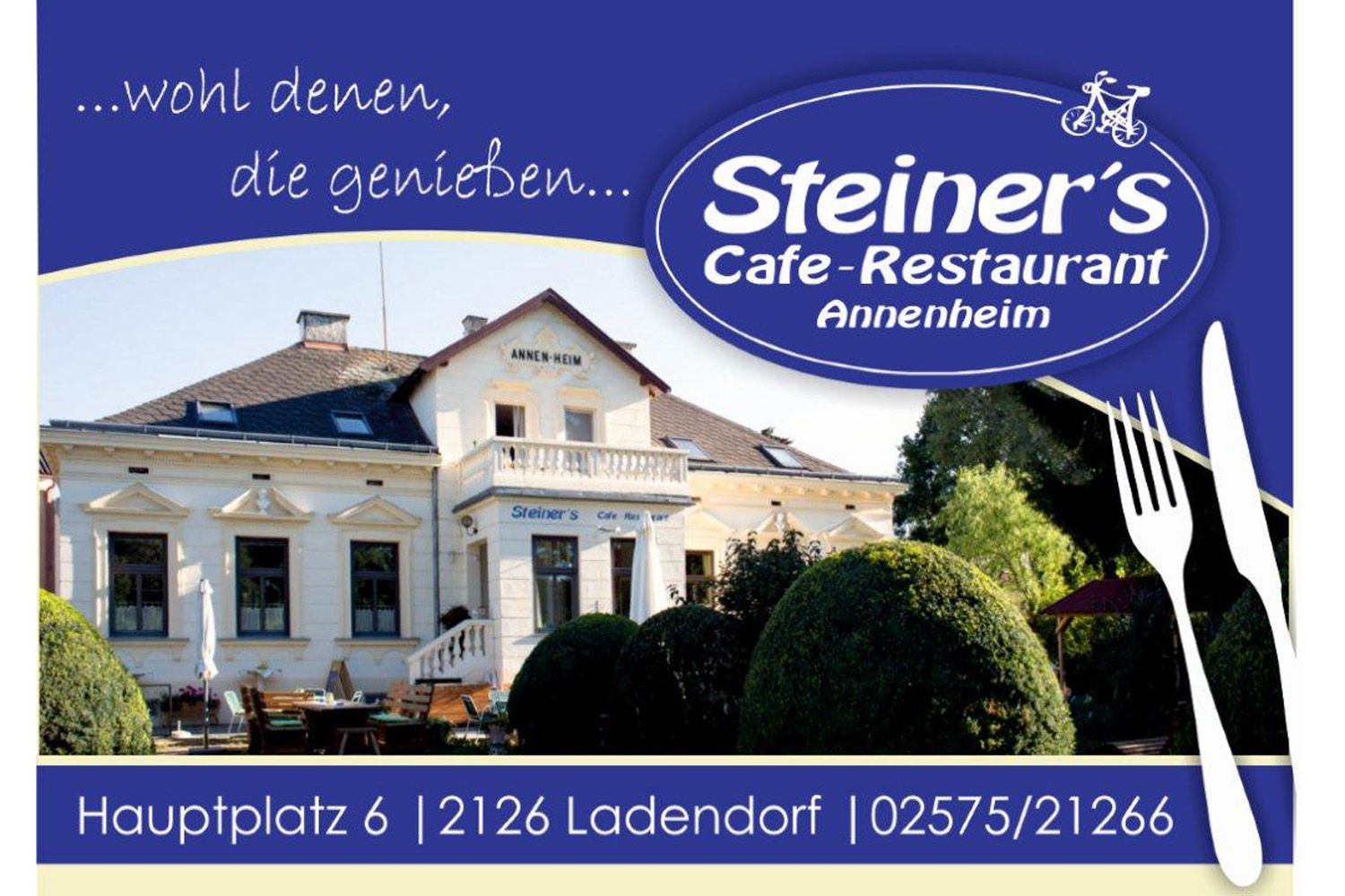 Reklama na Steiner's Cafe-Restaurant Annenheim s fotografií budovy a adresou.