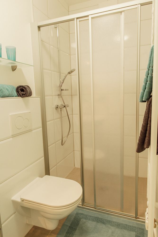 Malá koupelna se sprchou, toaletou a ručníky.