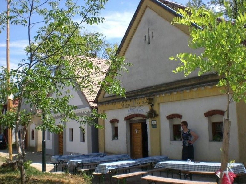 Tradiční vinné sklepy s dřevěnými dveřmi a lavicemi venku.