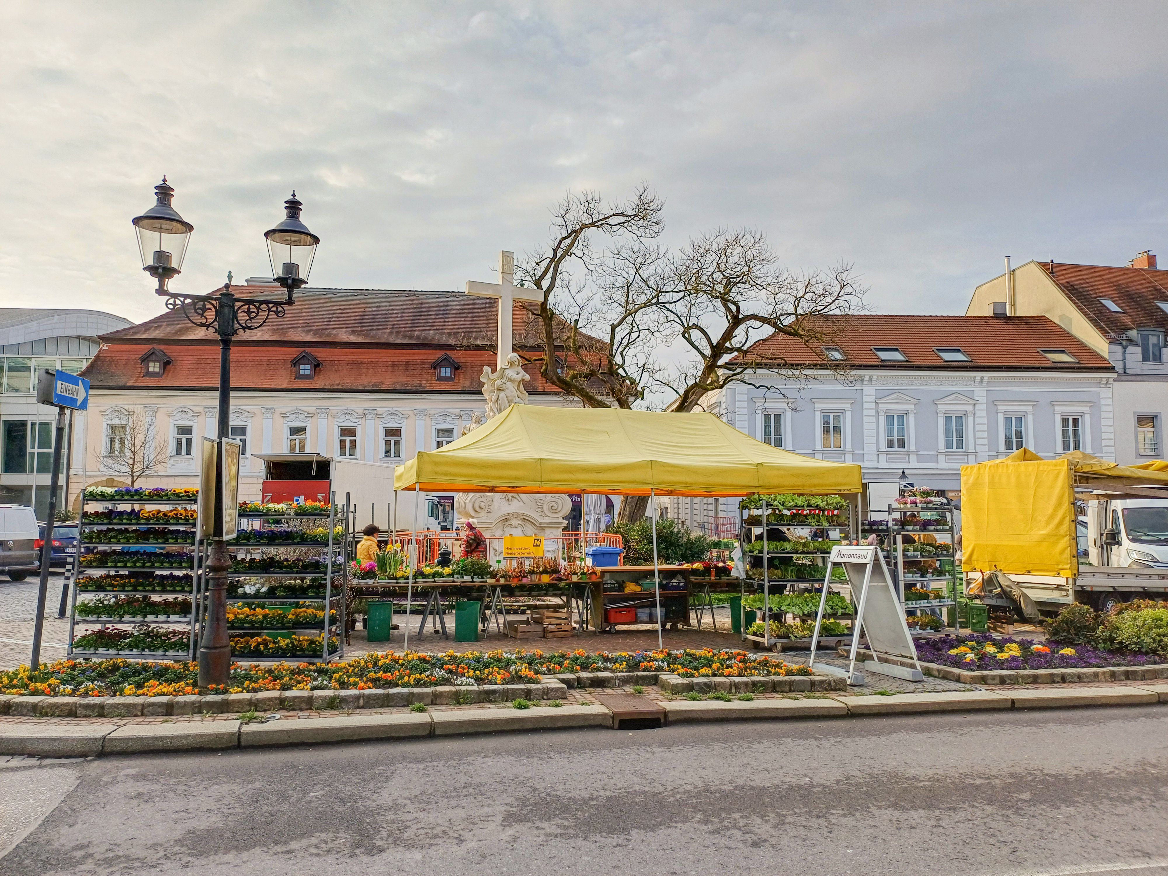 Týdenní trh ve Stockerau se žlutým stanem a květinovými stánky.