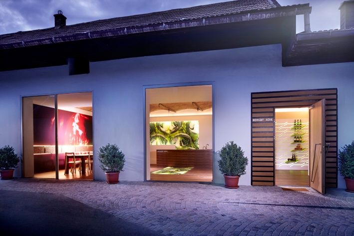 Pohled zvenčí na moderní vinařství s osvětlenými okny a rostlinami.