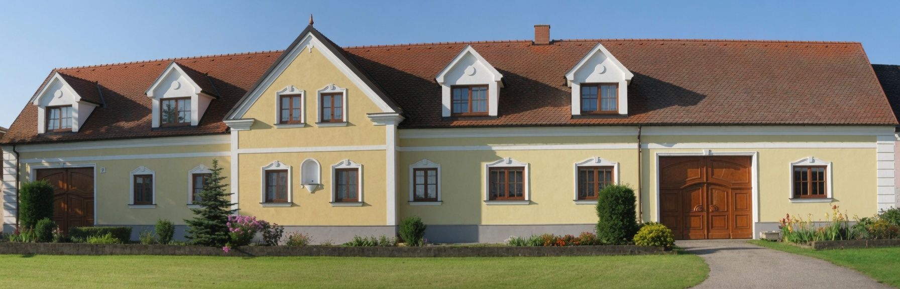 Žlutý dům s červenou taškovou střechou a několika okny, obklopený udržovanou zahradou.