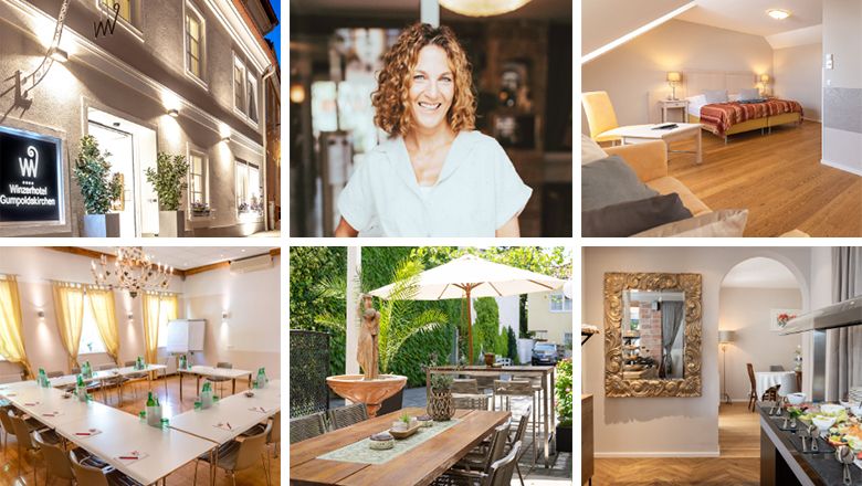 Koláž z hotelových fotografií: Pohled zvenčí, žena, pokoj, konferenční místnost, terasa, snídaňový bufet.