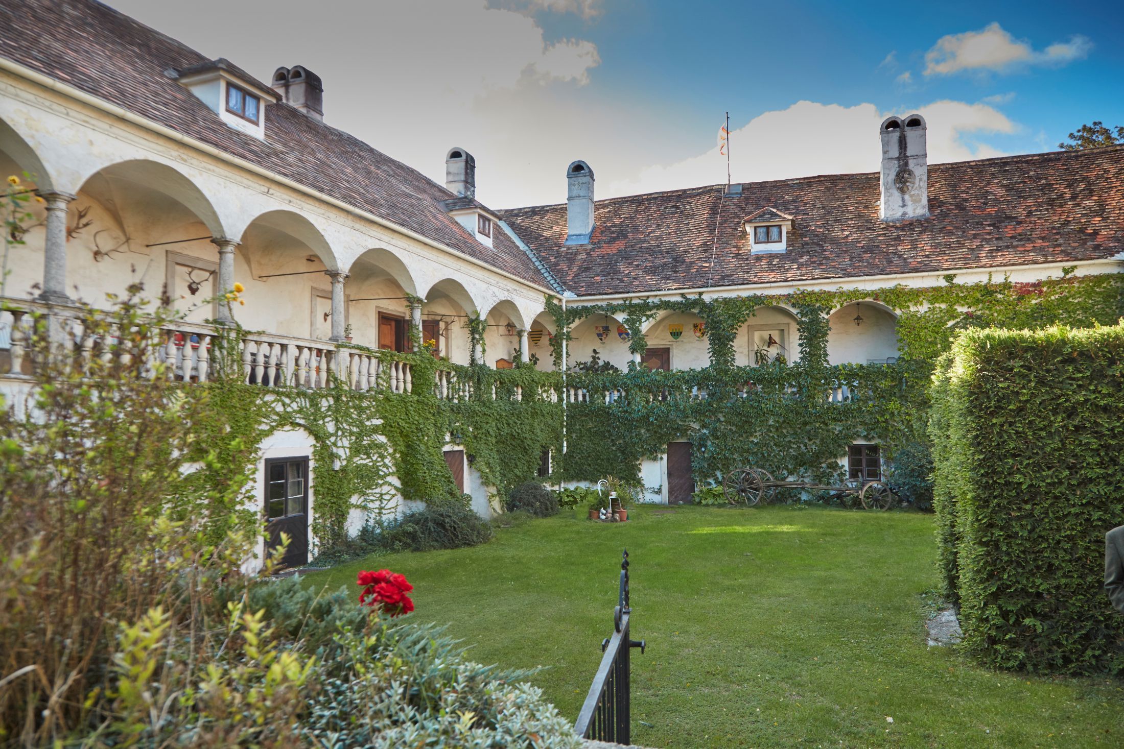 Vnitřní nádvoří historického hradu s arkádami a břečťanovým porostem.