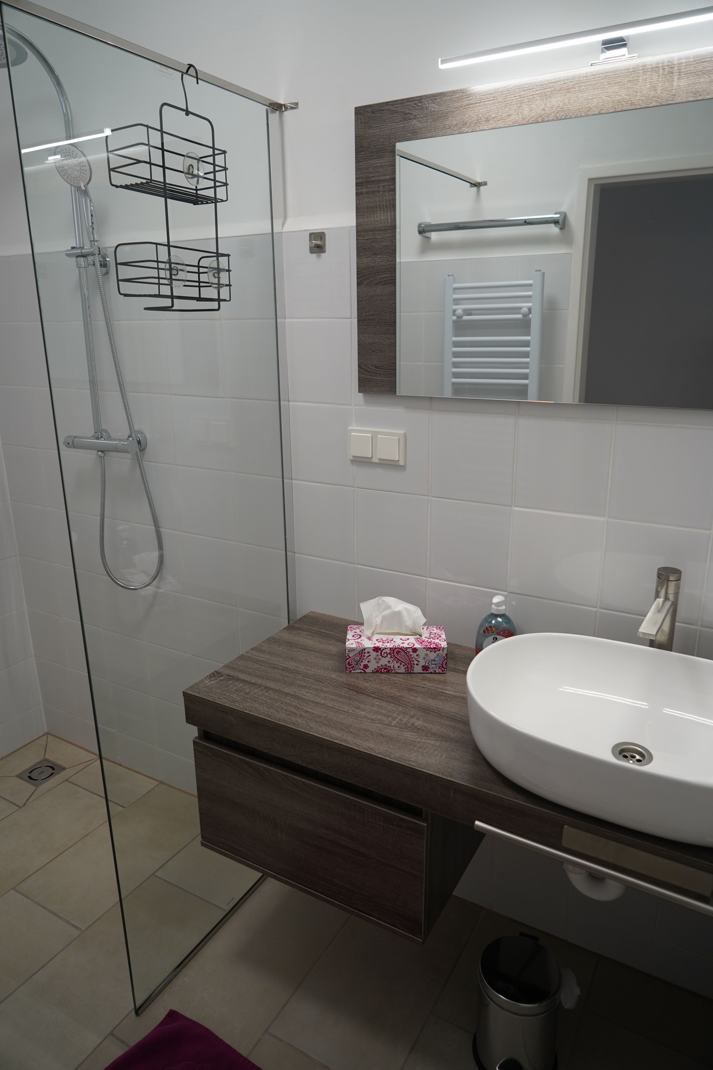 Moderní koupelna se skleněným sprchovým koutem, umyvadlem a zrcadlem.