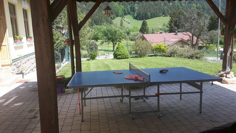 Stůl na stolní tenis pod přístřeškem pro auto s výhledem na zelenou zahradu a kopce v pozadí.