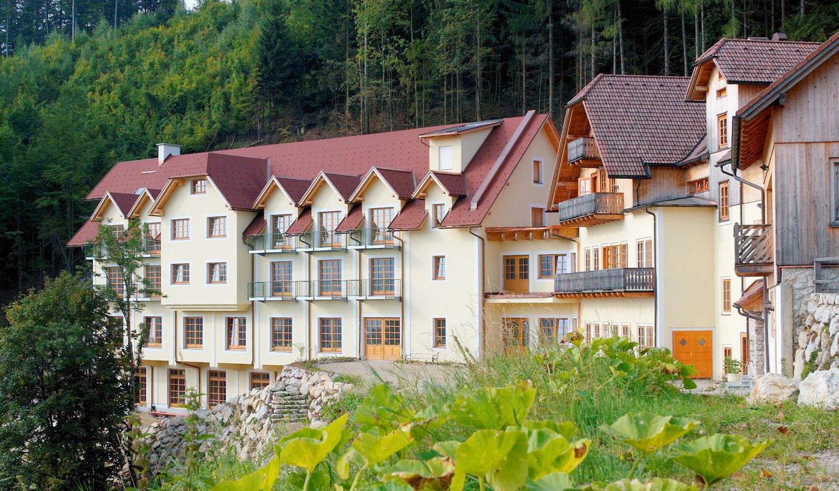 Velká, několikapatrová budova s červenými střechami a balkony, obklopená lesem.