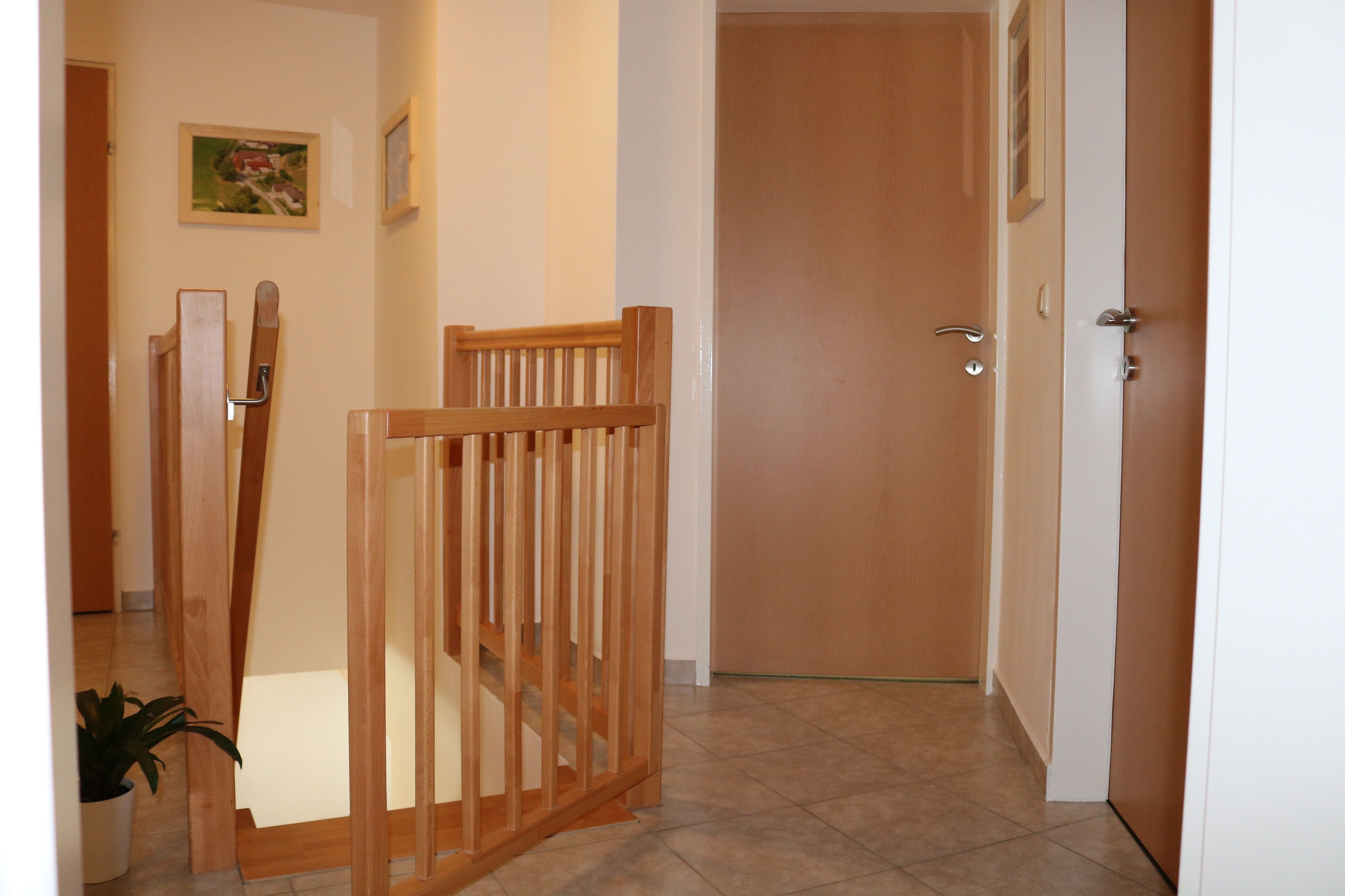 Pohled do interiéru chodby s dřevěnými dveřmi a zábradlím.