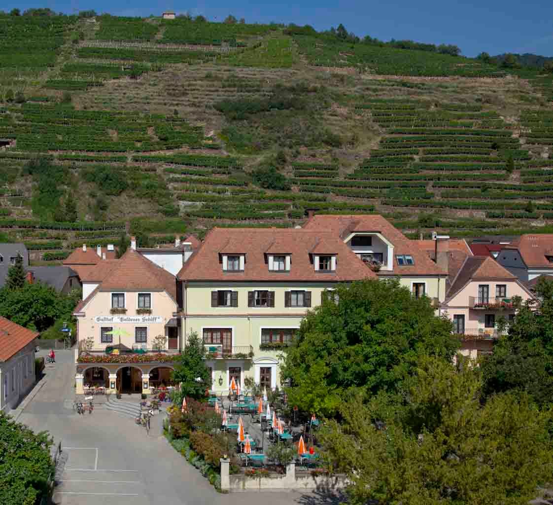 Pohled zvenčí na hostinec s terasou a vinicemi v pozadí.