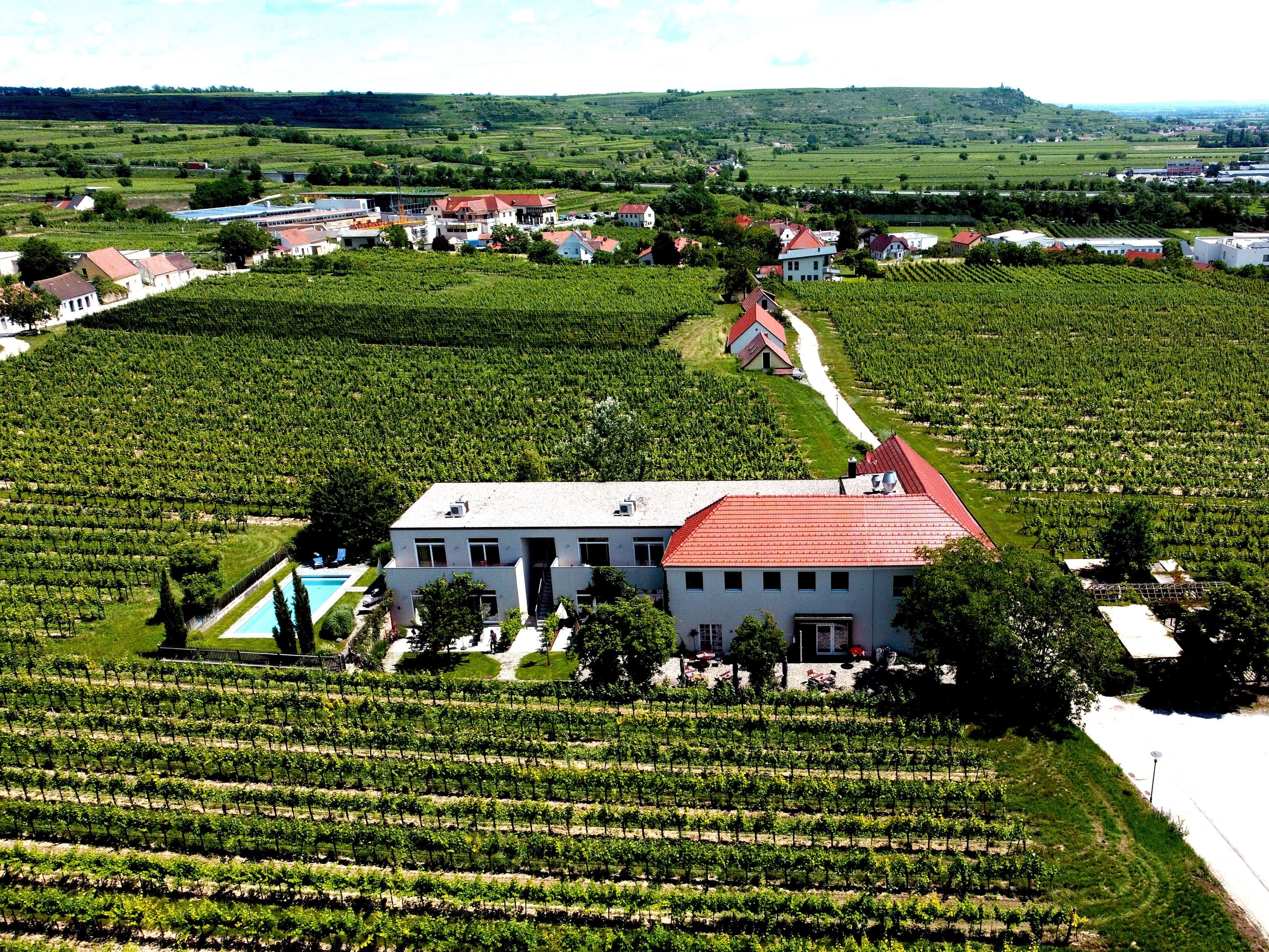Letecký pohled na hostinec obklopený vinicemi.
