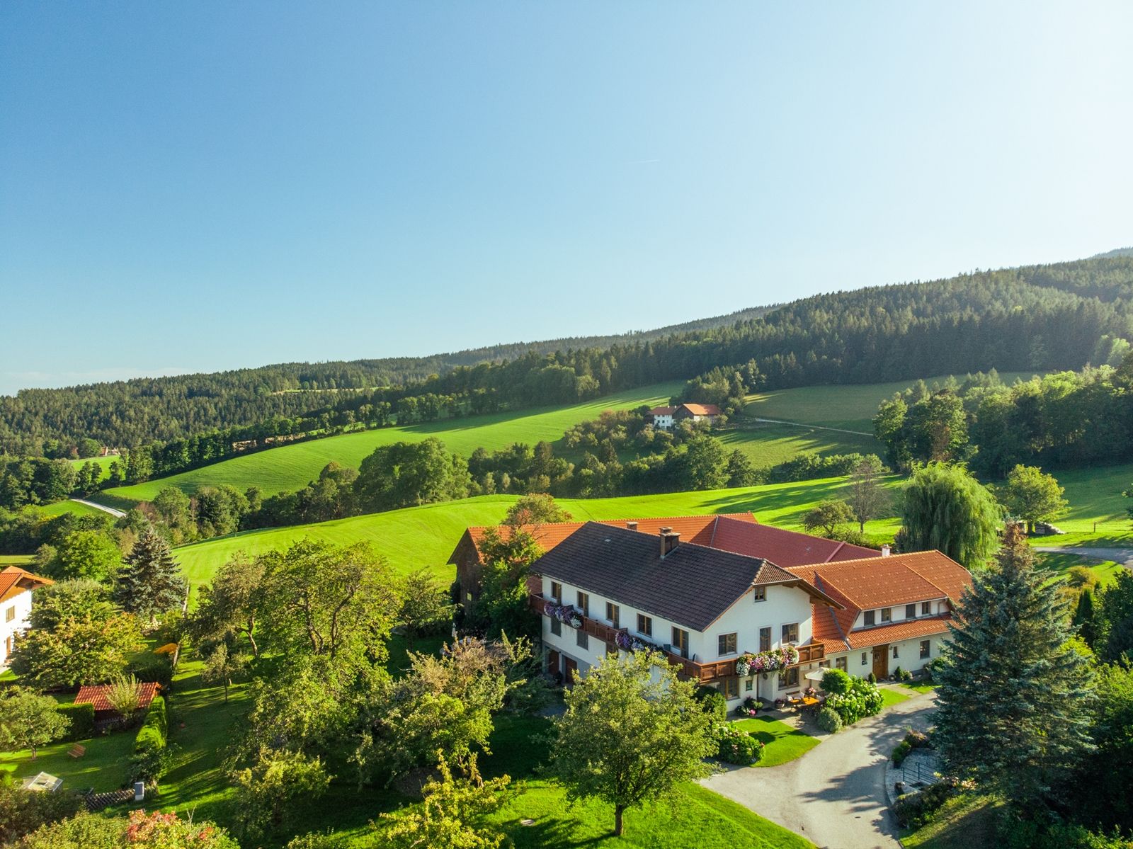 Venkovská krajina s velkým domem obklopeným zelenými poli a stromy pod modrou oblohou.