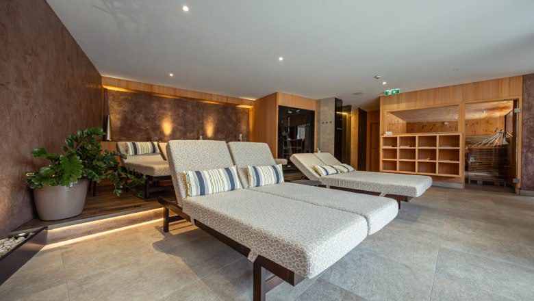 Pohled do interiéru moderního wellness centra s lehátky a rostlinami.