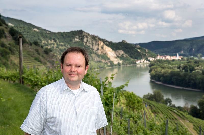 Muž stojící na vinici s řekou a kopci v pozadí.