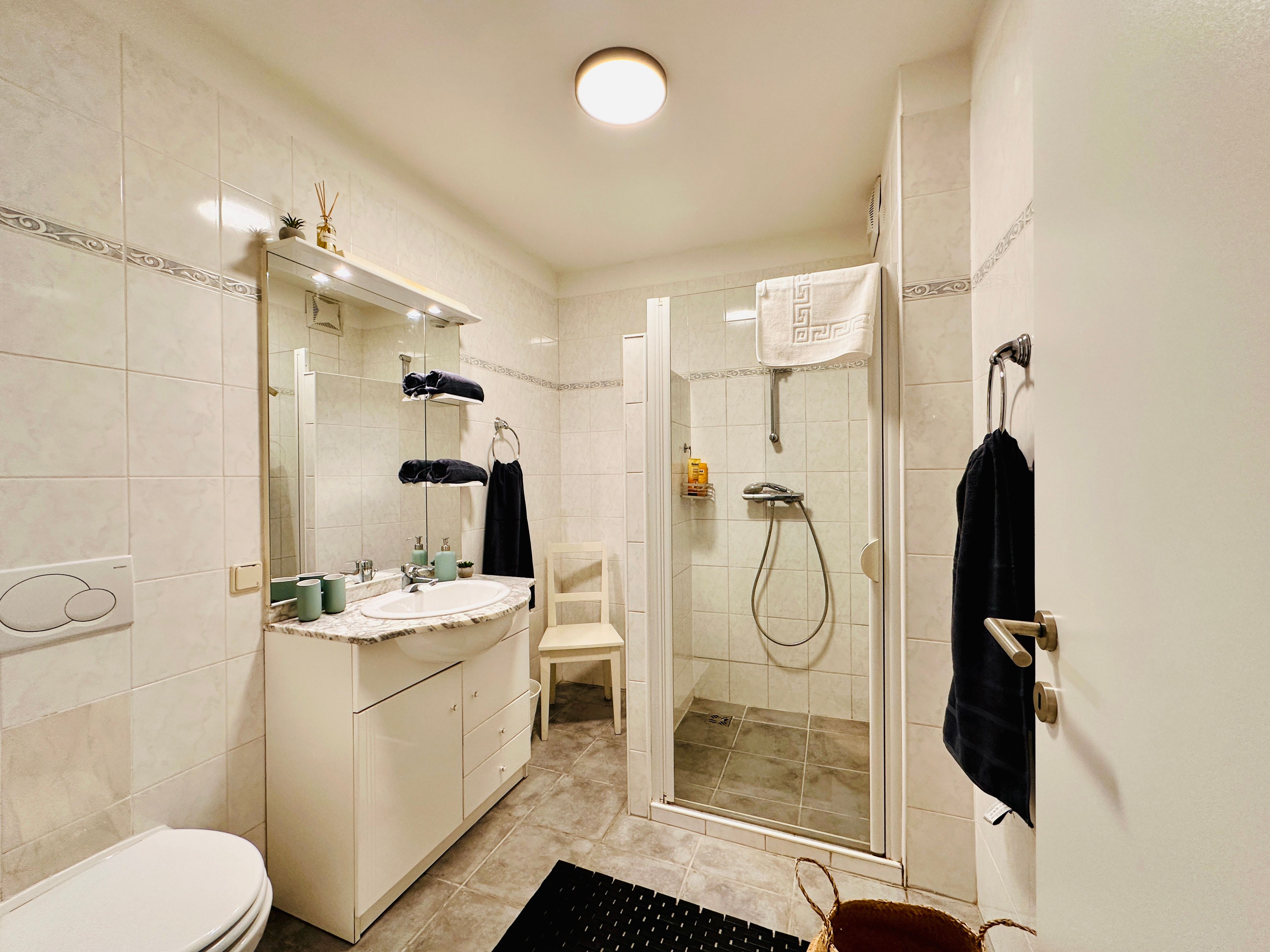 Moderní koupelna se sprchovým koutem, umyvadlem a WC.