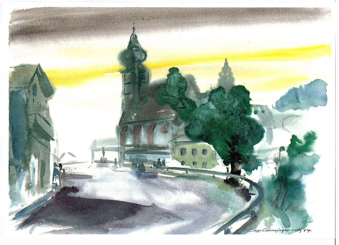 Akvarel pohledu na město s kostelem a stromy.