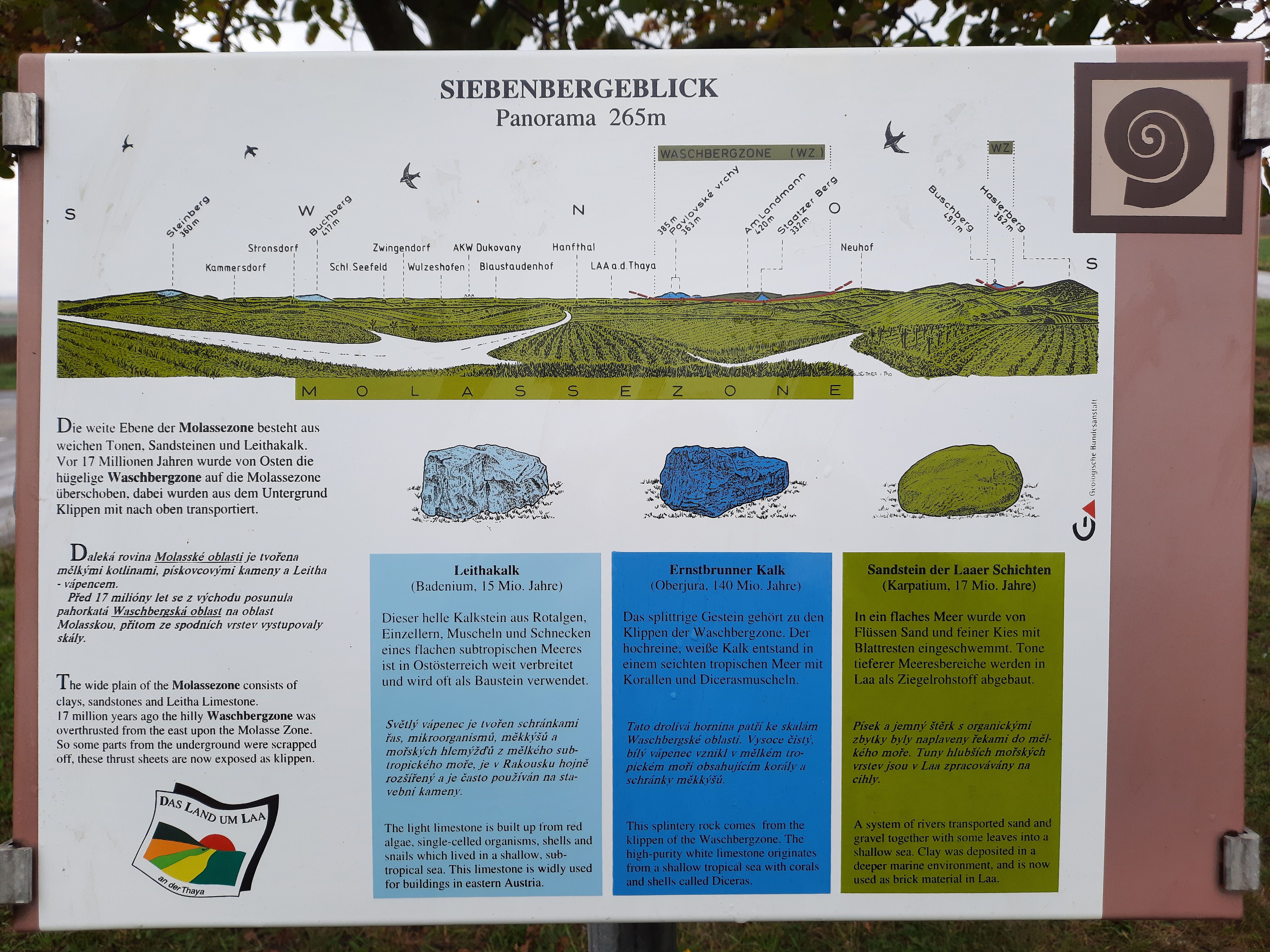 Informační cedule o Siebenbergeblick s geologickými údaji a vyobrazením krajiny.
