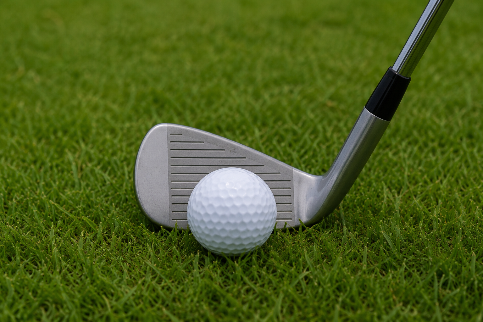 Golfová hůl a golfový míček na zelené trávě.