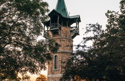 Kamptalwarte am Heiligenstein im Waldviertel, umgeben von Bäumen und ruhiger Natur, im warmen Licht der Abendstimmung.