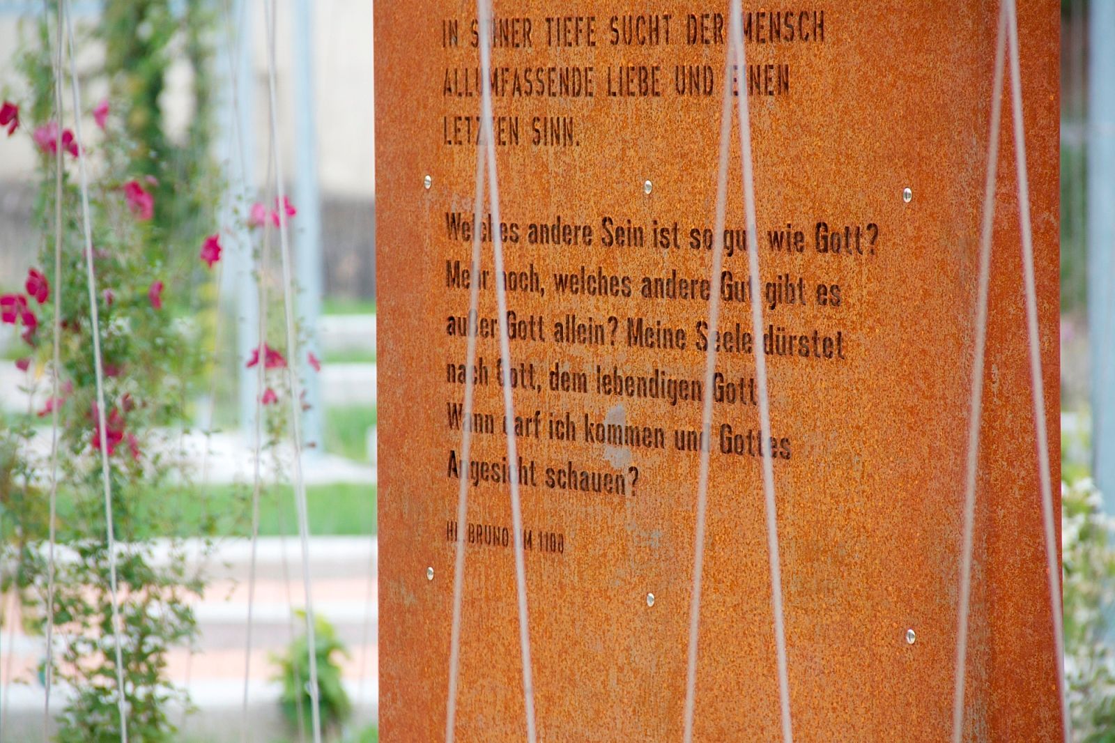 Detailní záběr na rezavou kovovou desku s vyrytým textem, obklopenou rostlinami.