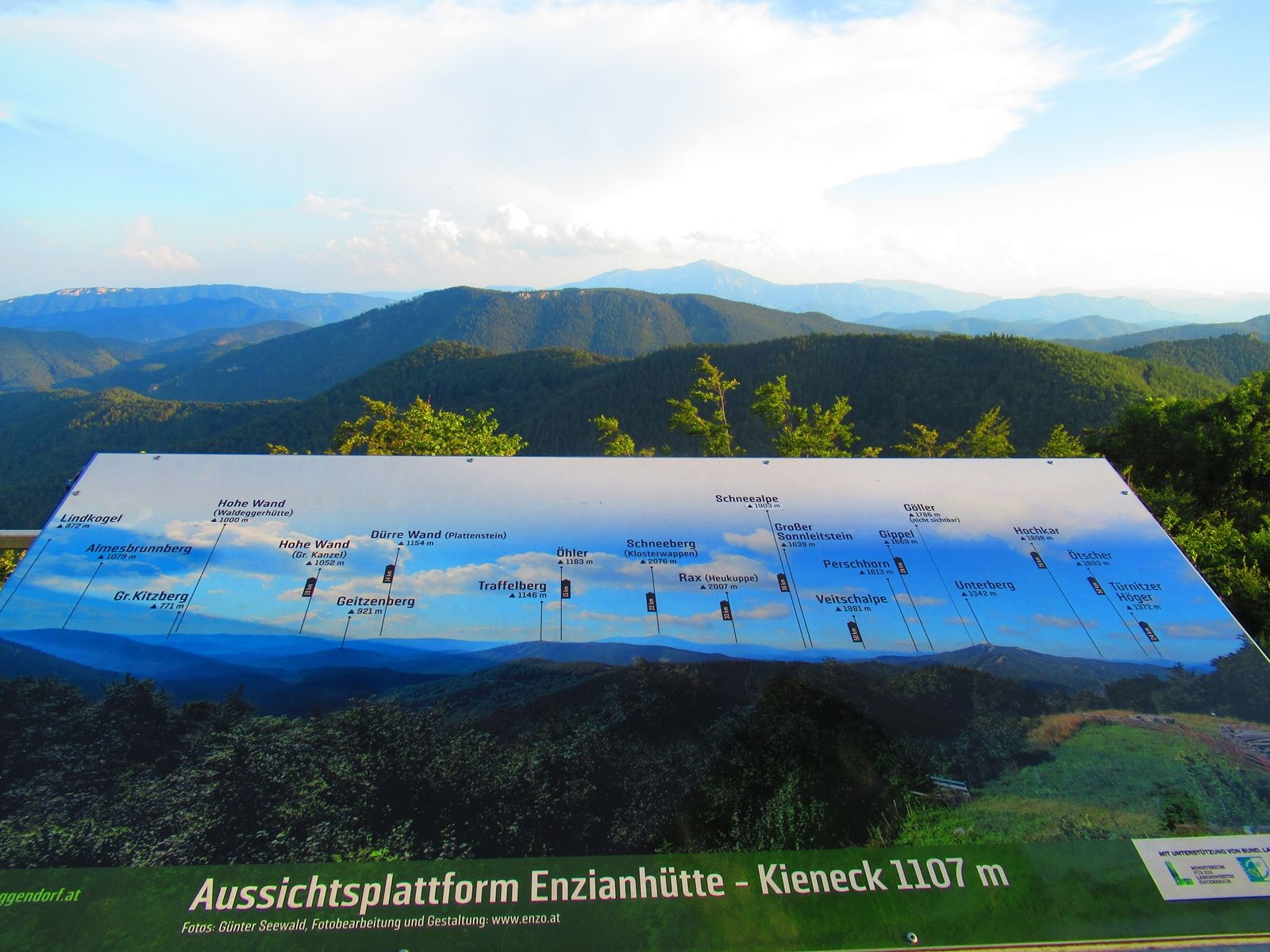 Panorama z vyhlídkové plošiny Enzianhütte s informační tabulí o okolních horách.