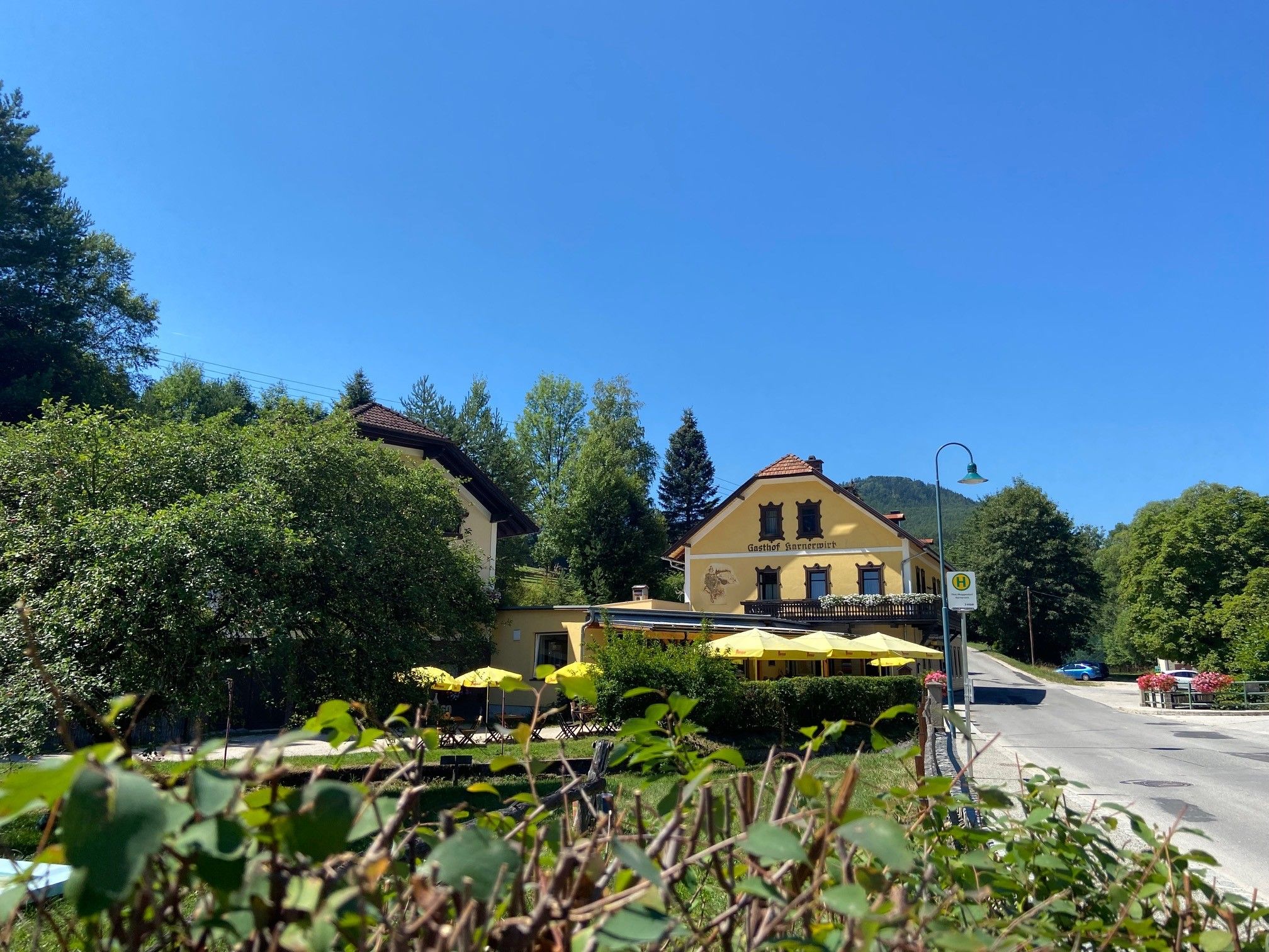 Žlutý hostinec s terasou a slunečníky, obklopený stromy a silnicí.