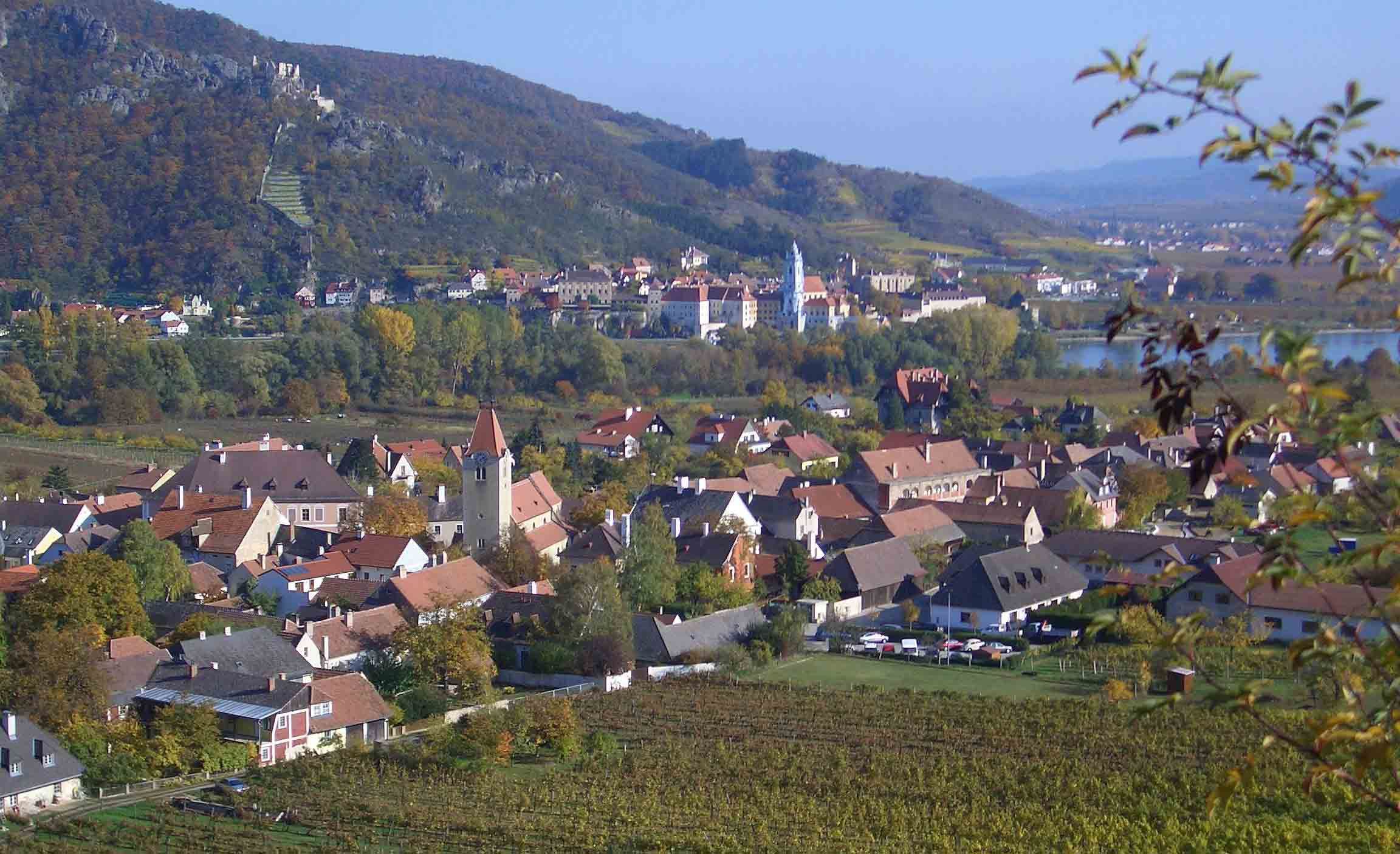 Panorama malebného městečka s vinicemi a řekou v pozadí.