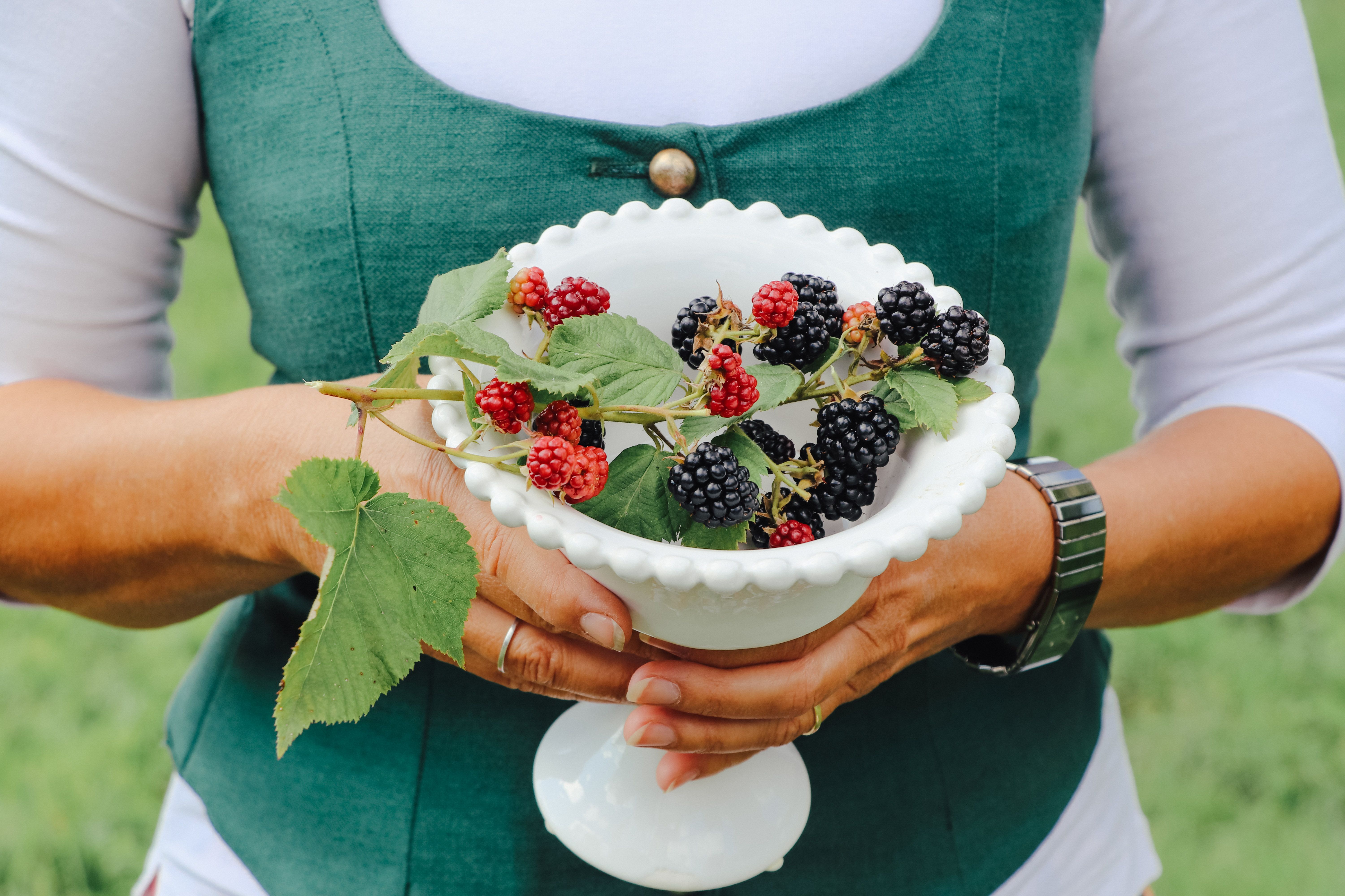 Jedna osoba drží bílou mísu s ostružinami a listy.