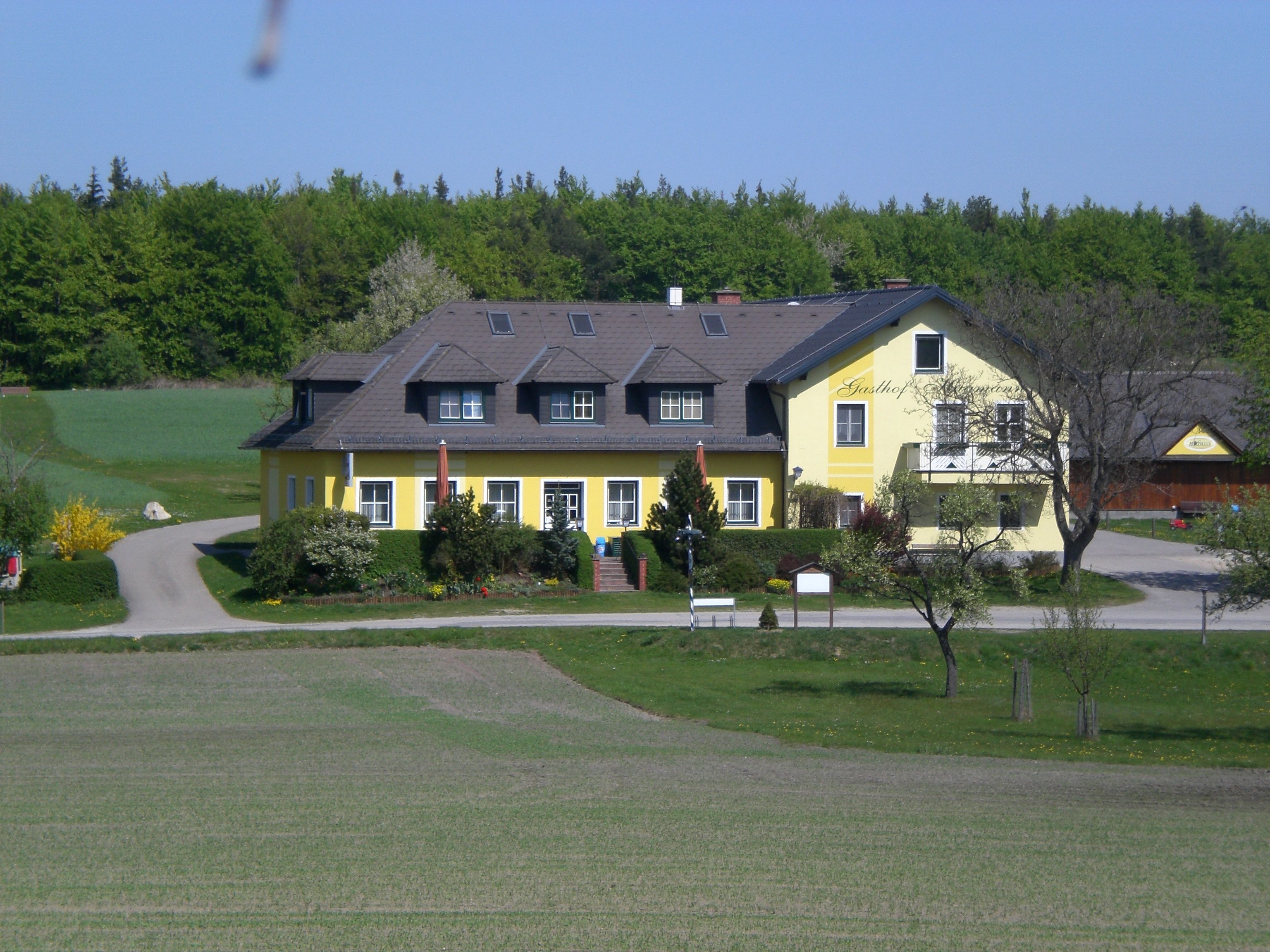 Žlutý hostinec ve venkovském prostředí se stromy a loukami.