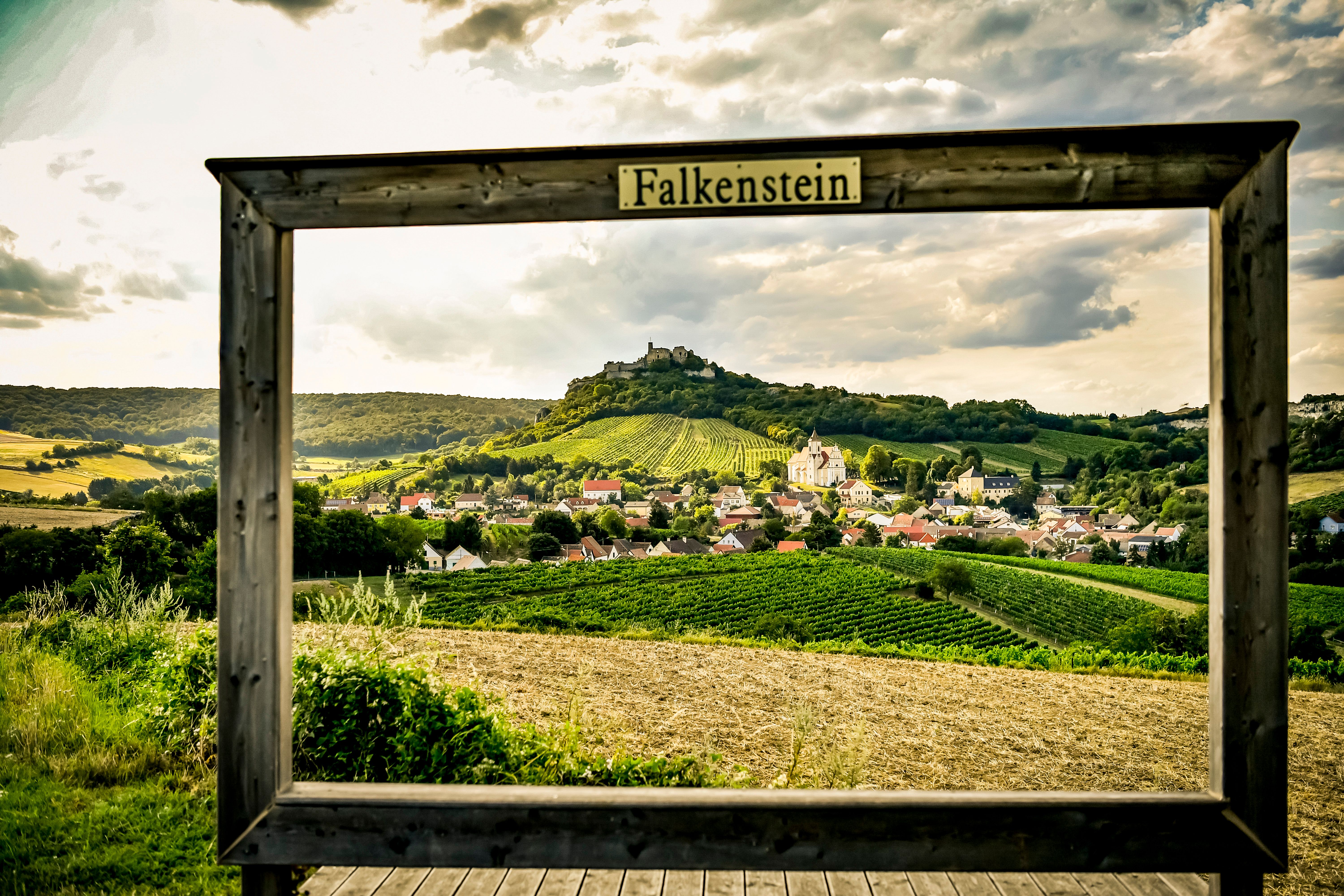 Pohled na obec Falkenstein s vinicemi a zříceninou hradu v pozadí, orámovaný dřevěným rámem s nápisem "Falkenstein".