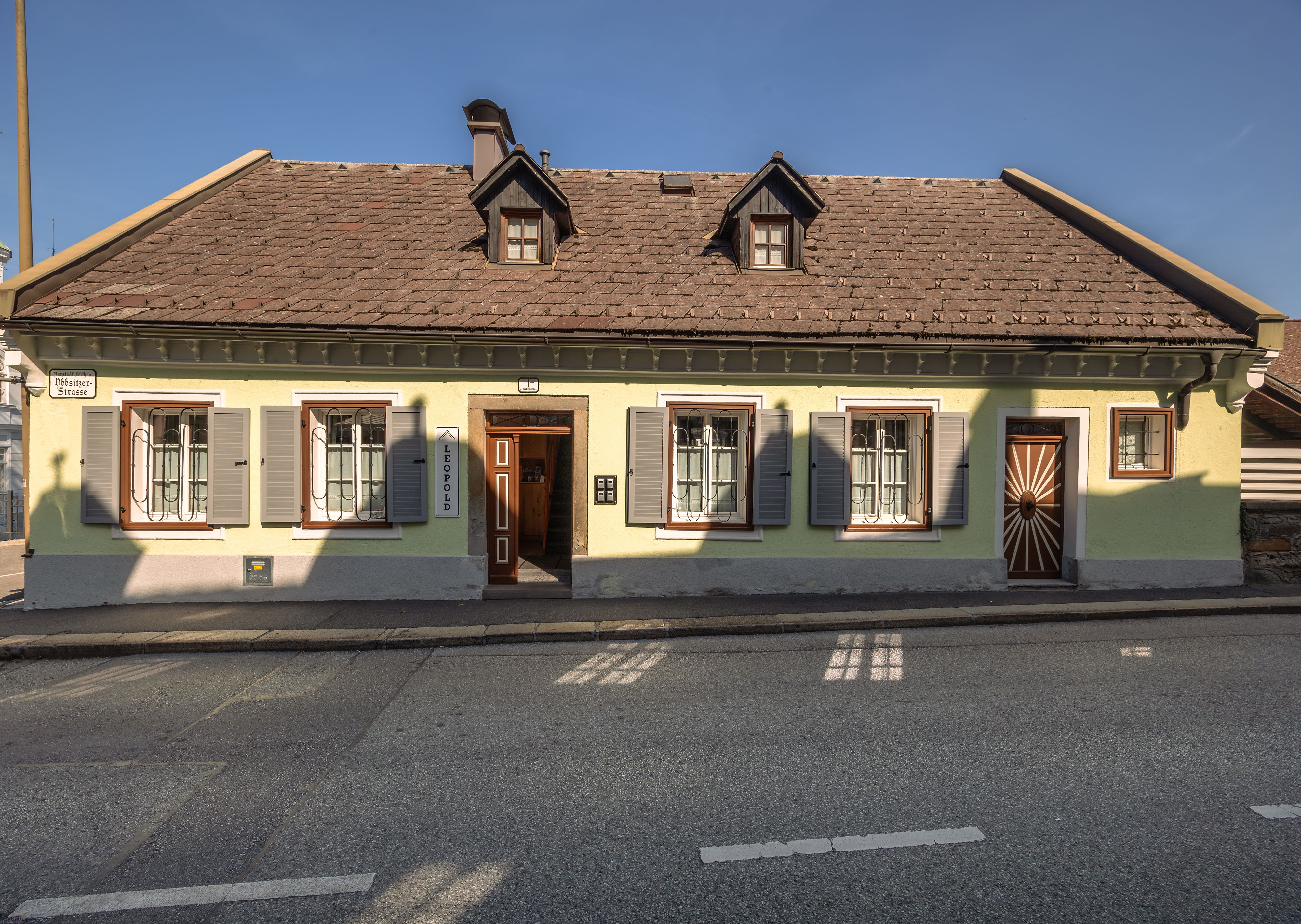 Tradiční žlutý dům s hnědou střechou a zelenými okenicemi na ulici.