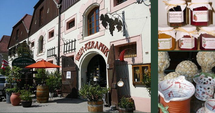 Pohled zvenčí na obchod s keramikou s rostlinami a nápisy. Vpravo nahoře sklenice na marmeládu, dole keramické figurky.