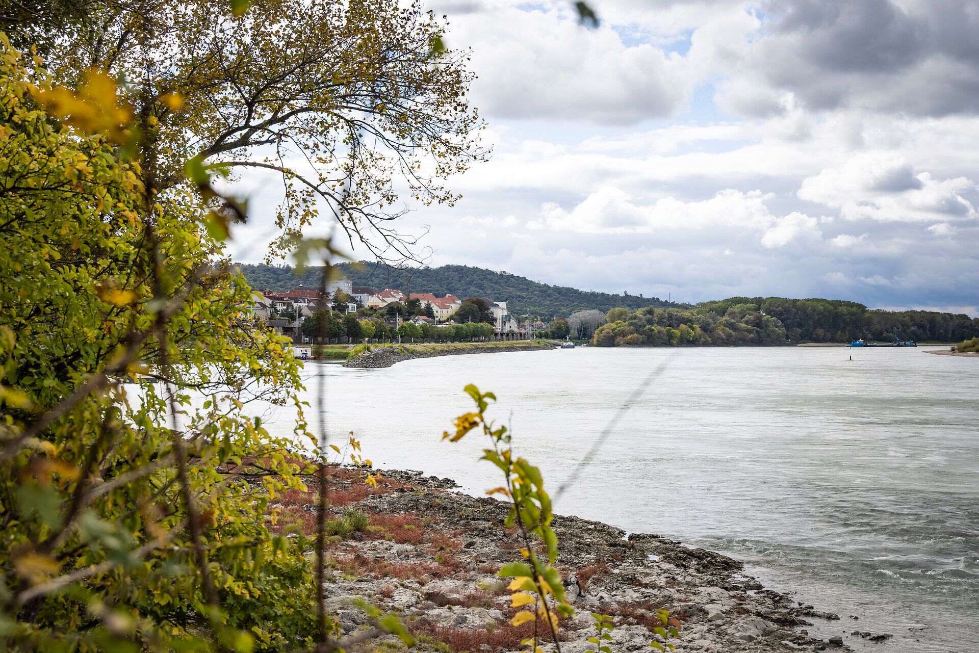 Břeh Dunaje u Hainburgu s výhledem na domy a záplavové oblasti Dunaje. 