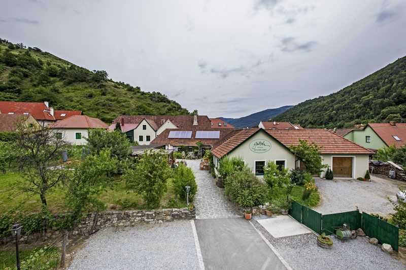 Vinařství Gritsch v zelené kopcovité krajině.
