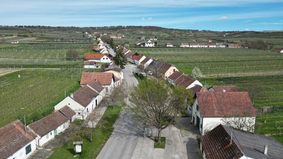 Panoramatický výhled na sklepní uličky Feuersbrunn s poli a vinicemi,
