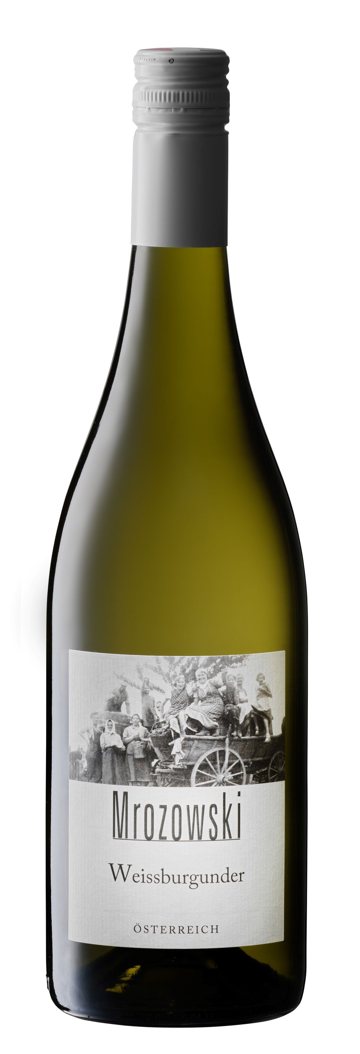 Láhev vína Mrozowski Pinot Blanc s etiketou a šroubovacím uzávěrem.