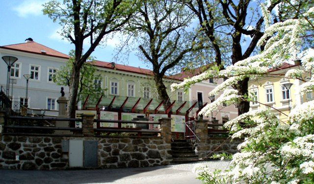 Historické budovy a kvetoucí stromy v Langschlagu.