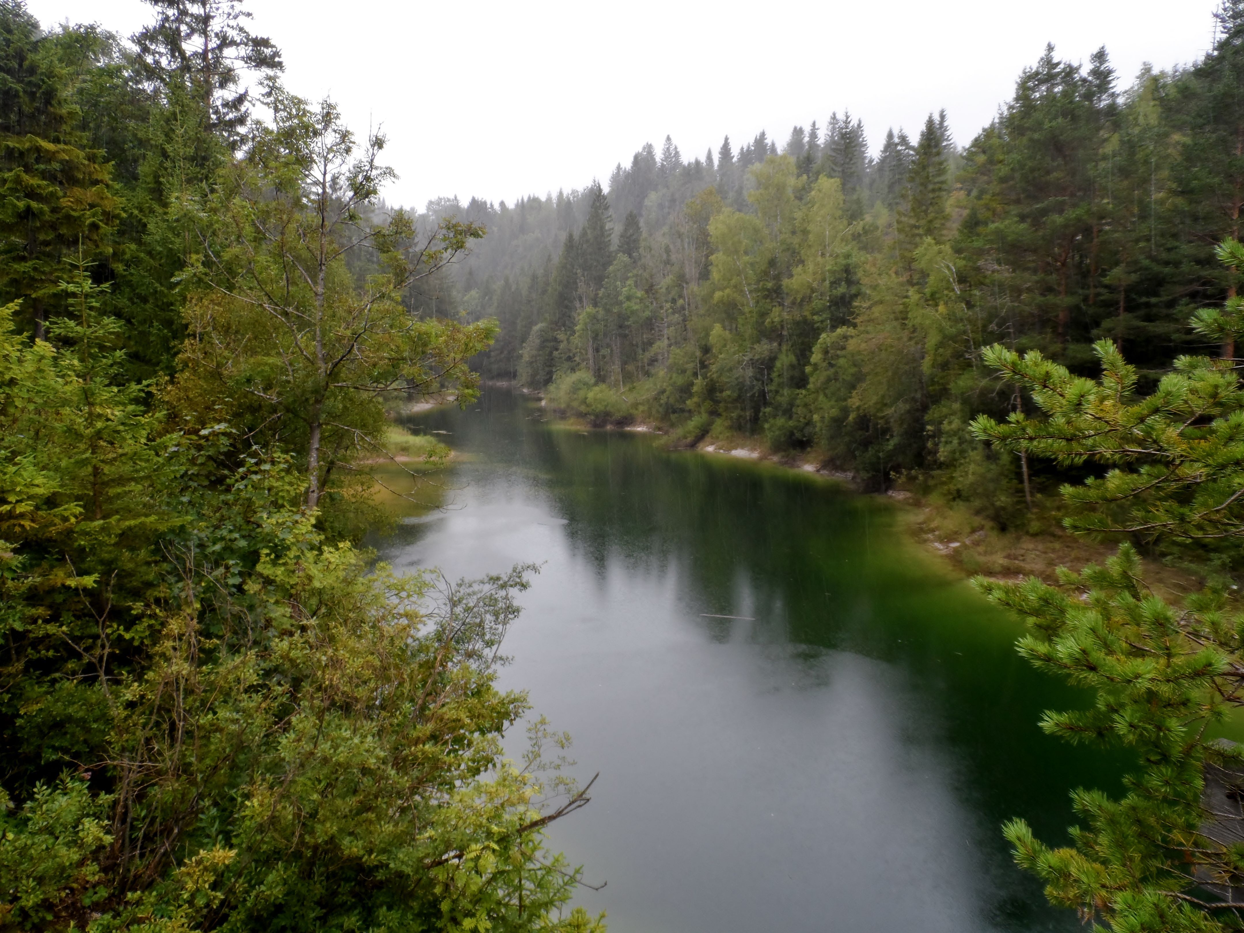 Klidné zelené jezero obklopené hustým lesem pod zataženou oblohou.